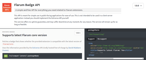 Screenshot of Flarum Badge API documentation
