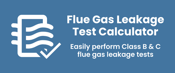 Promotional banner. Icon on left showing rounded rectangle with air moving through it and a check mark. Title: Flue Gas Leakage Test Calculator. Subtitle: Easily perform Class B and C flue gas leakage tests.